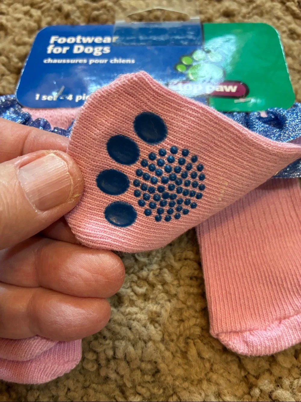 Top Paw Pink Dog Socks with Sparkling Blue Ruffle Trim